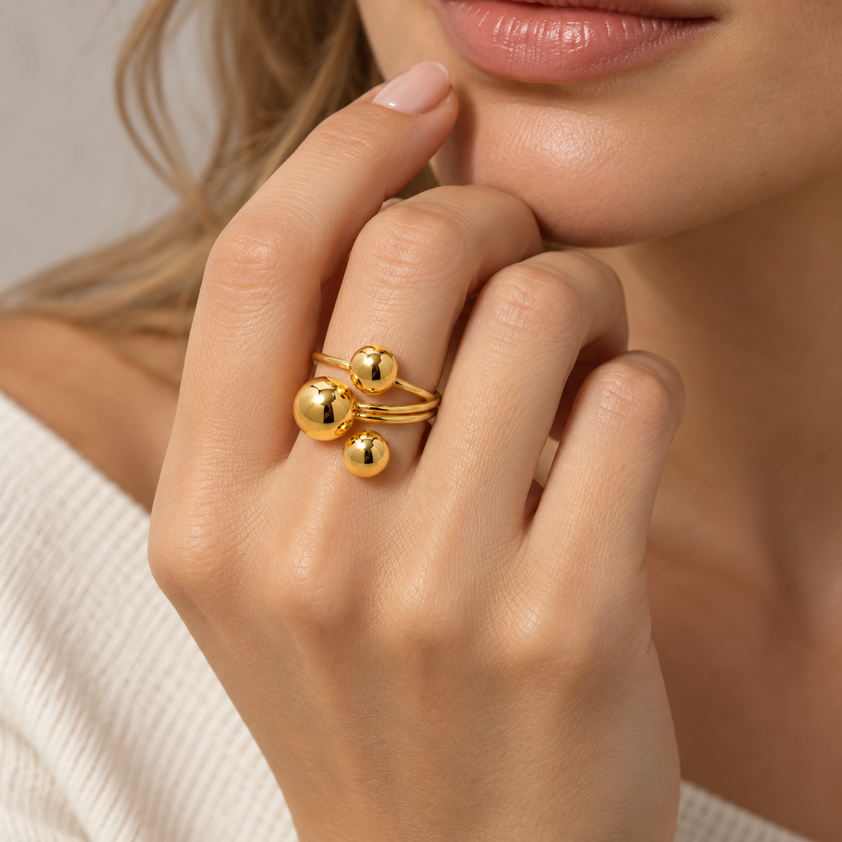 Women's Adjustable Open Ring with Three-Ball Design and Multi-Band Structure