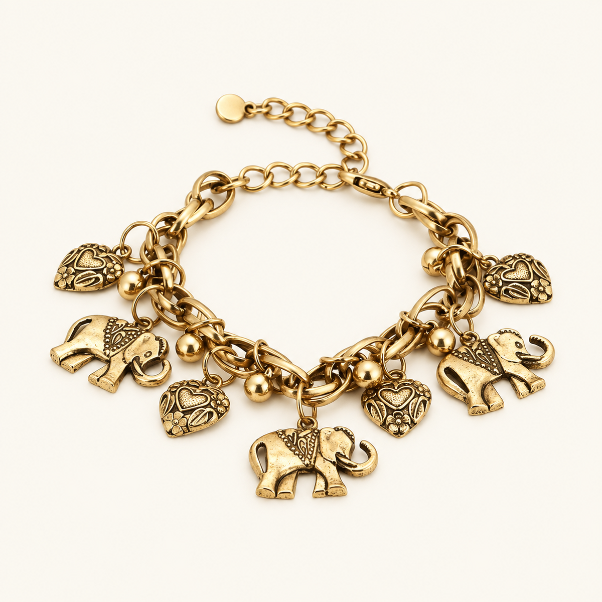Women's Vintage Anklet Featuring Elephants and Heart Charms
