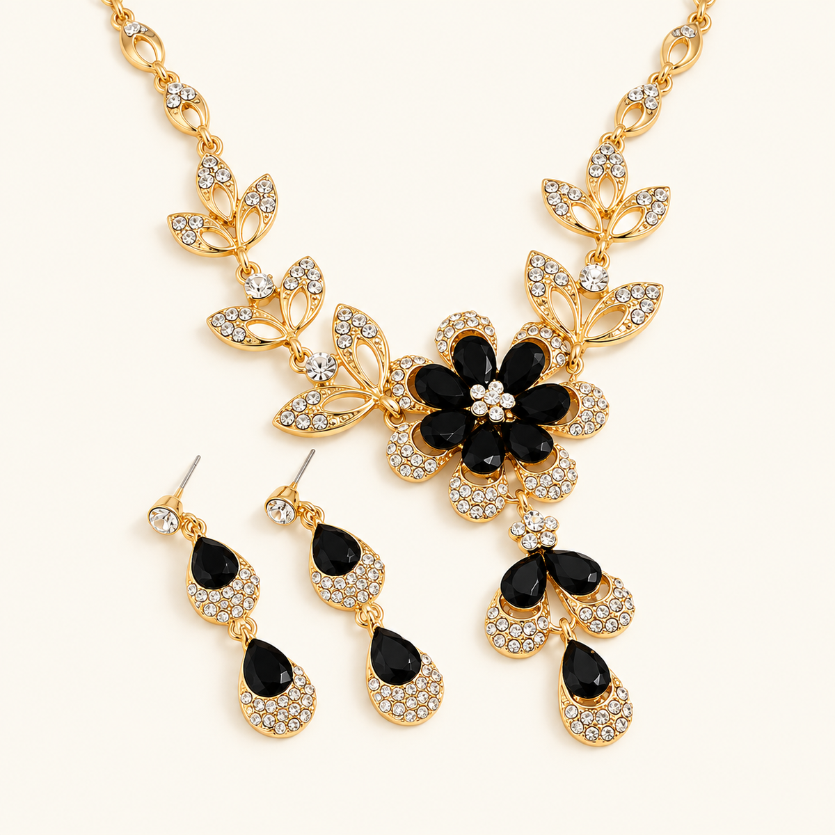 Women's Floral Necklace and Earrings Set with Flower Motif and Stone Details