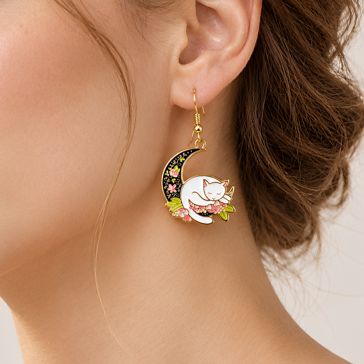 Women's Earrings Featuring Cat on Half Moon - Pair
