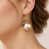 Women's Earrings Featuring Cat on Half Moon - Pair