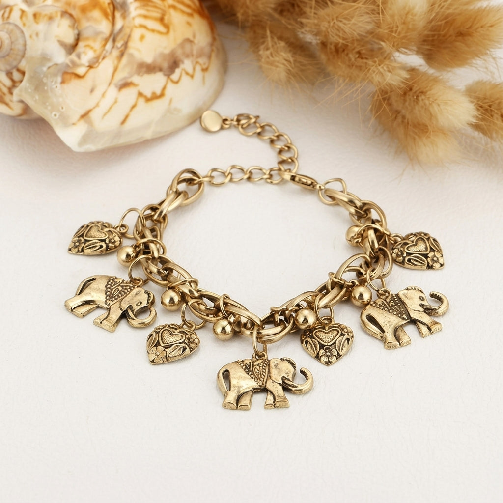 Women's Vintage Anklet Featuring Elephants and Heart Charms