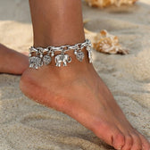 Women's Vintage Anklet Featuring Elephants and Heart Charms
