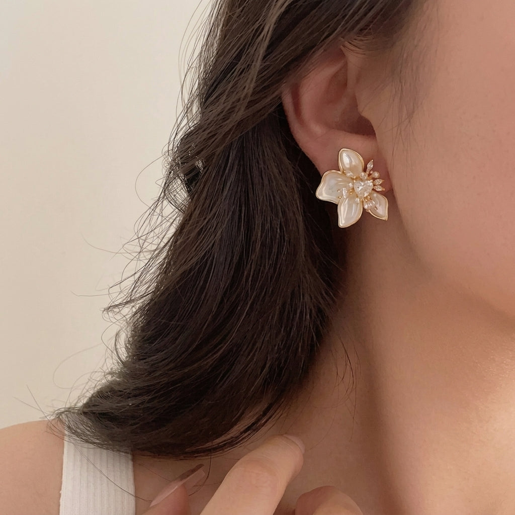 Women's Ear Studs in Floral Design with Heart Detail and Pearl-like Petals
