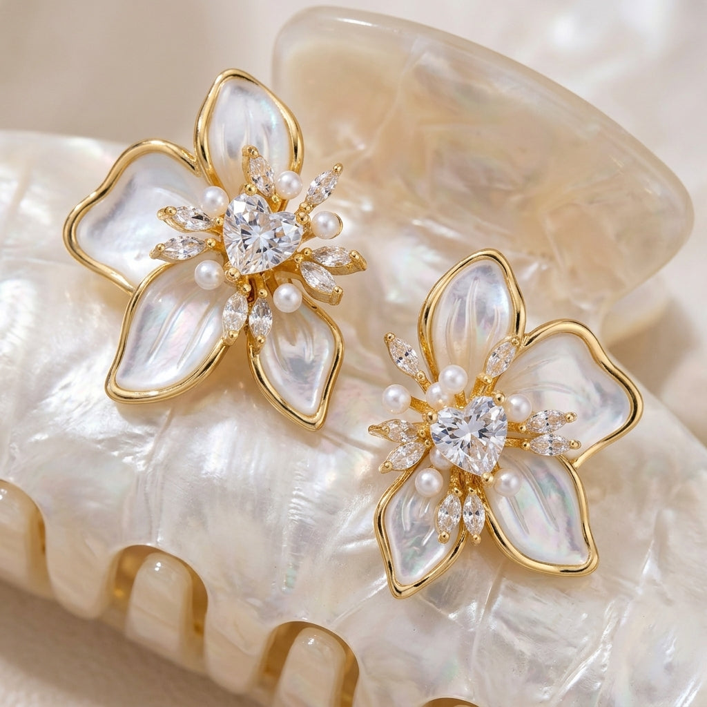 Women's Ear Studs in Floral Design with Heart Detail and Pearl-like Petals