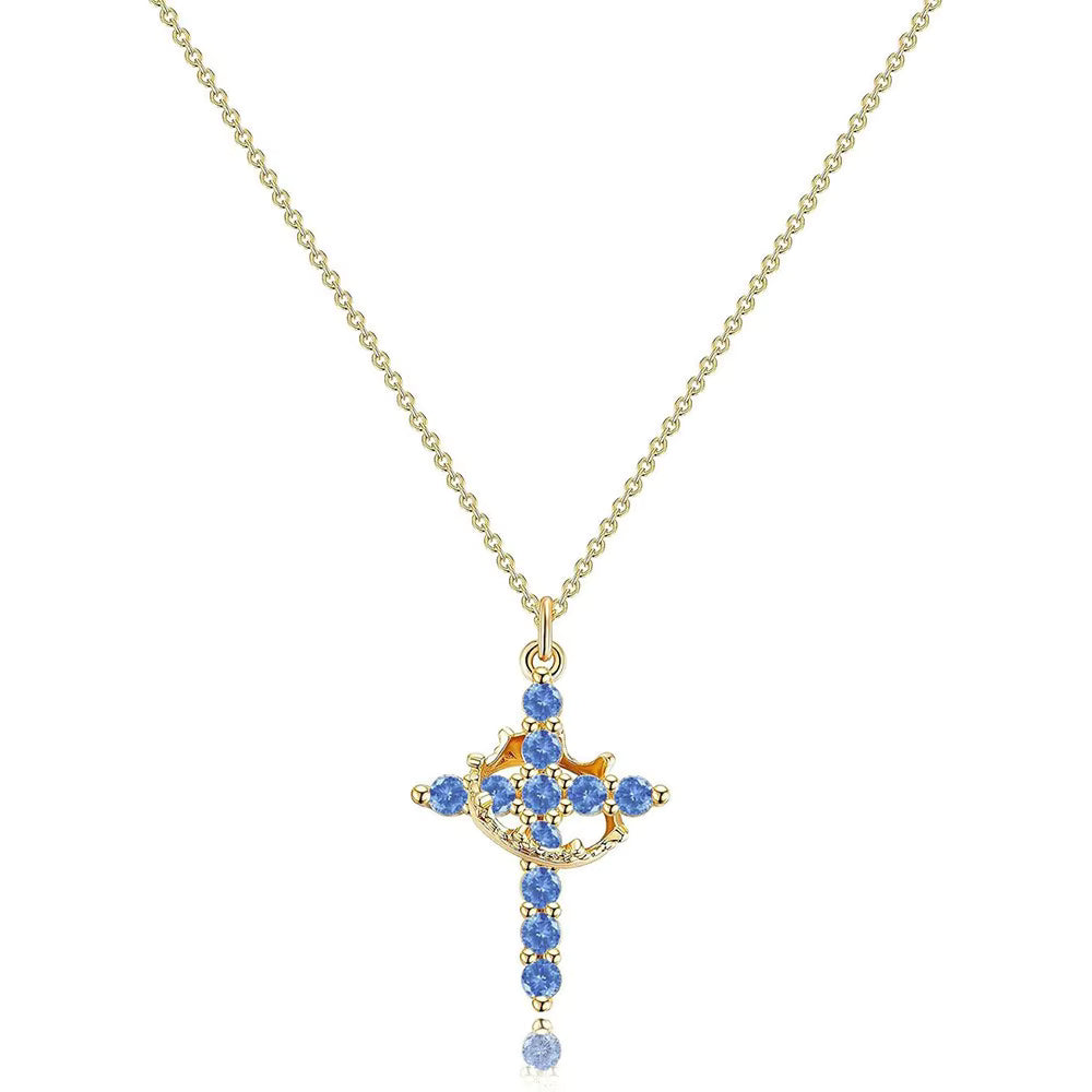 Women's Pendant Necklace Featuring Cross and Crown Design with Stone Accents