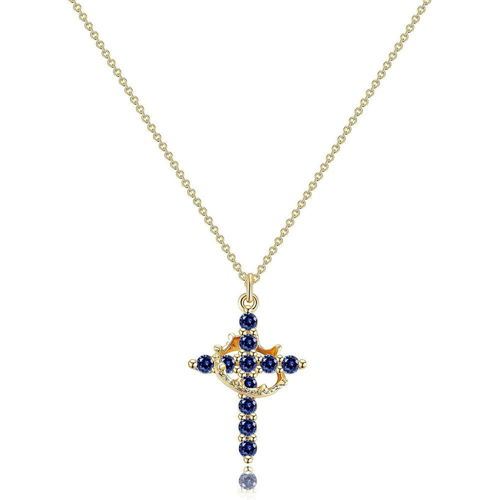 Women's Pendant Necklace Featuring Cross and Crown Design with Stone Accents