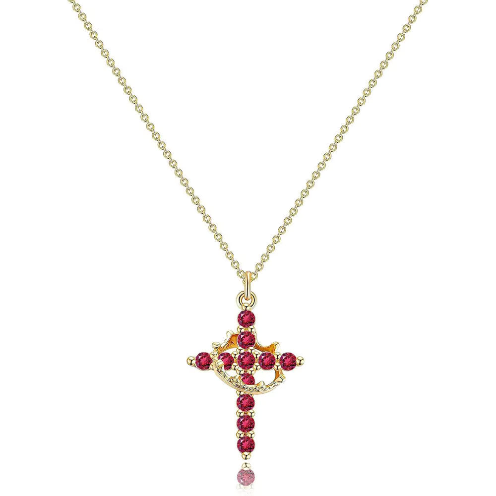 Women's Pendant Necklace Featuring Cross and Crown Design with Stone Accents