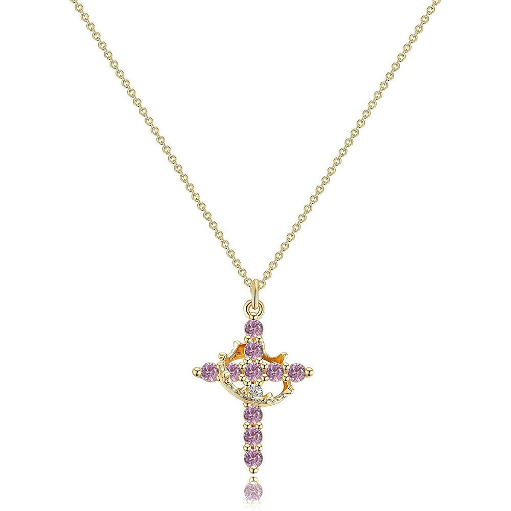Women's Pendant Necklace Featuring Cross and Crown Design with Stone Accents