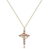 Women's Pendant Necklace Featuring Cross and Crown Design with Stone Accents