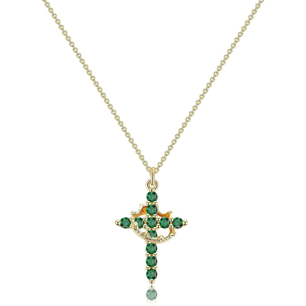Women's Pendant Necklace Featuring Cross and Crown Design with Stone Accents