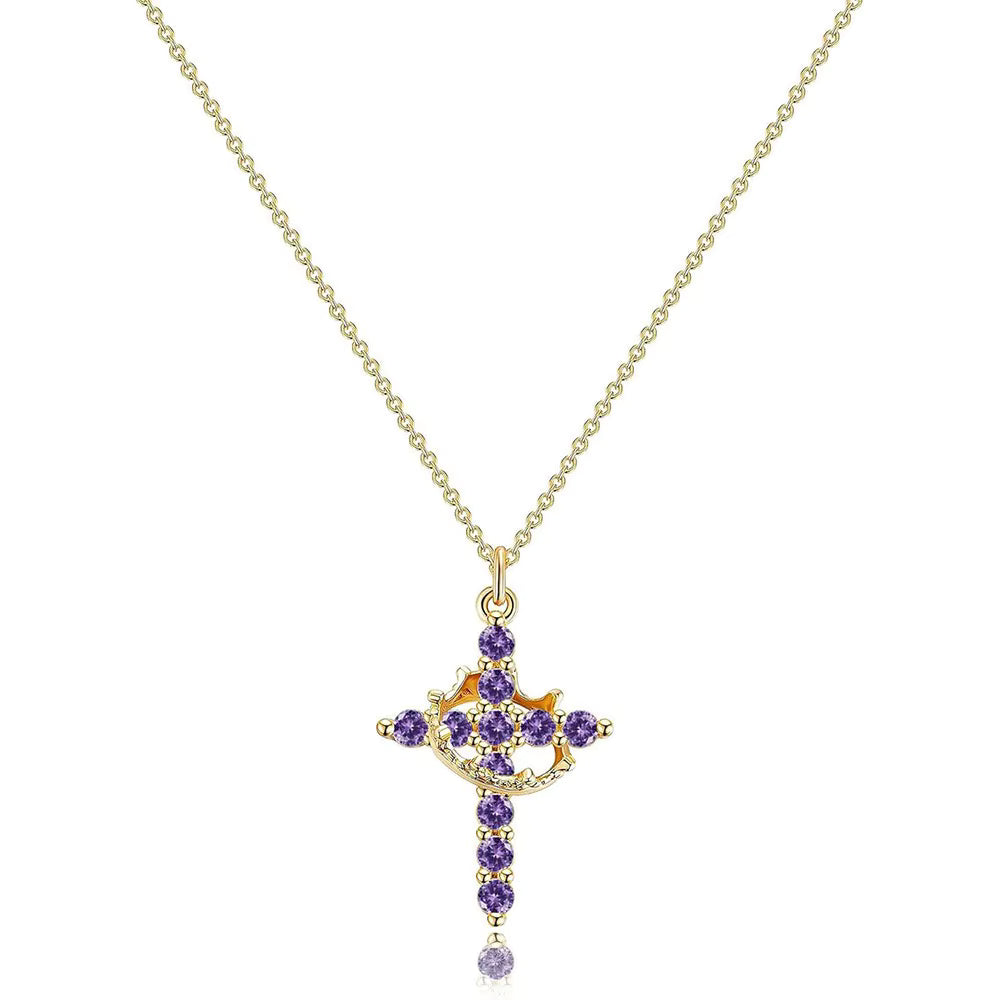 Women's Pendant Necklace Featuring Cross and Crown Design with Stone Accents