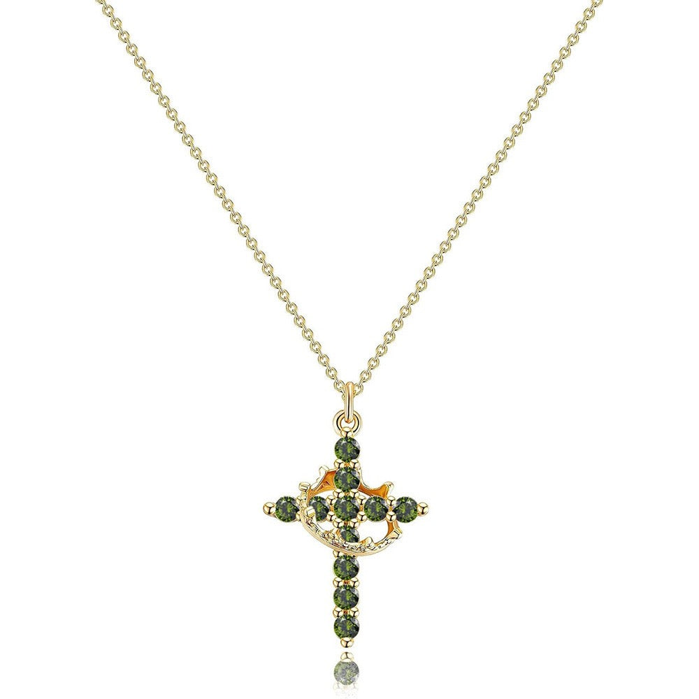 Women's Pendant Necklace Featuring Cross and Crown Design with Stone Accents