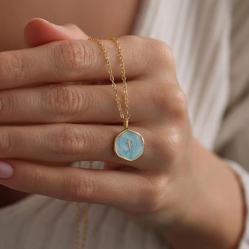 Women's Medallion Pendant Chain featuring Cross Accent and Textured Surface