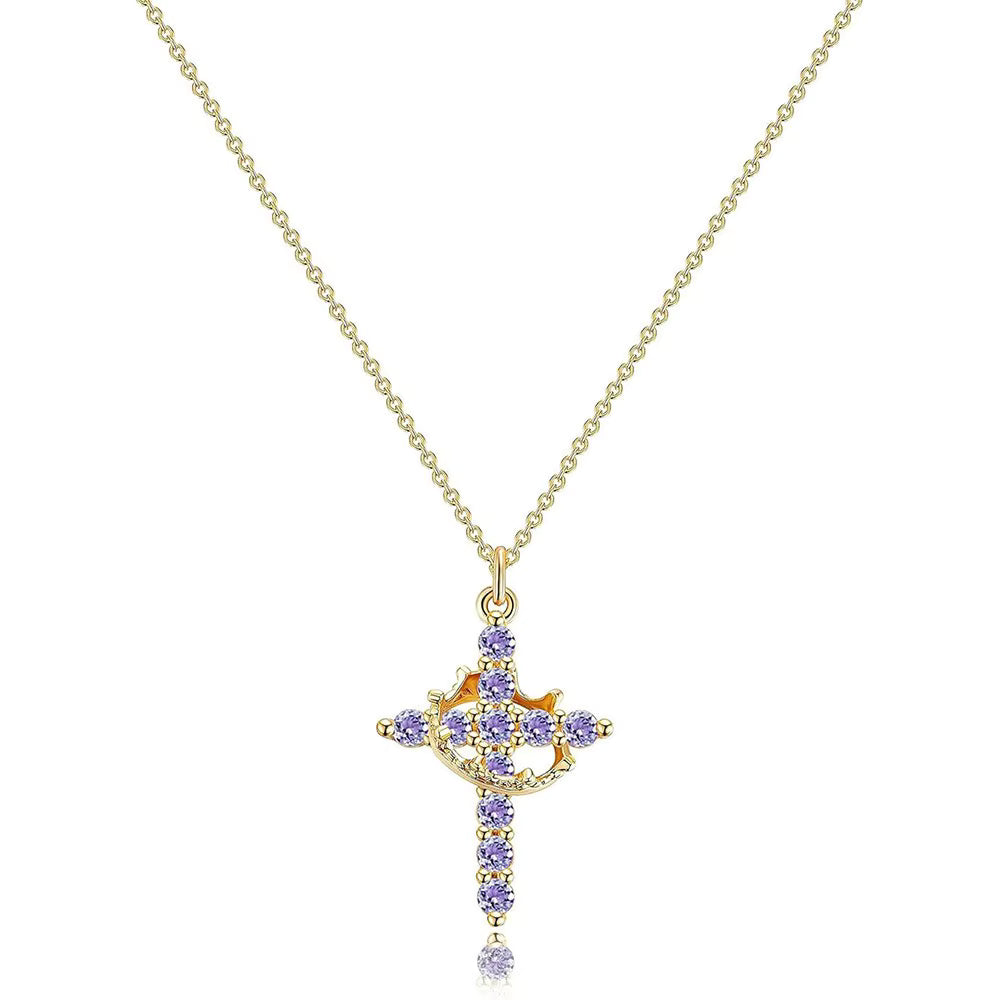Women's Pendant Necklace Featuring Cross and Crown Design with Stone Accents