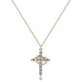 Women's Pendant Necklace Featuring Cross and Crown Design with Stone Accents