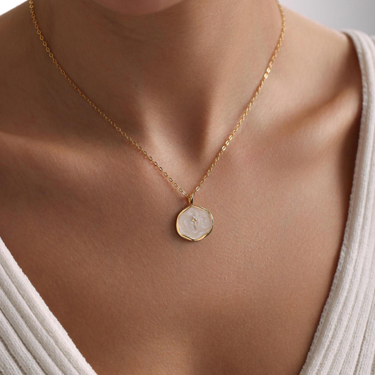 Women's Medallion Pendant Chain featuring Cross Accent and Textured Surface
