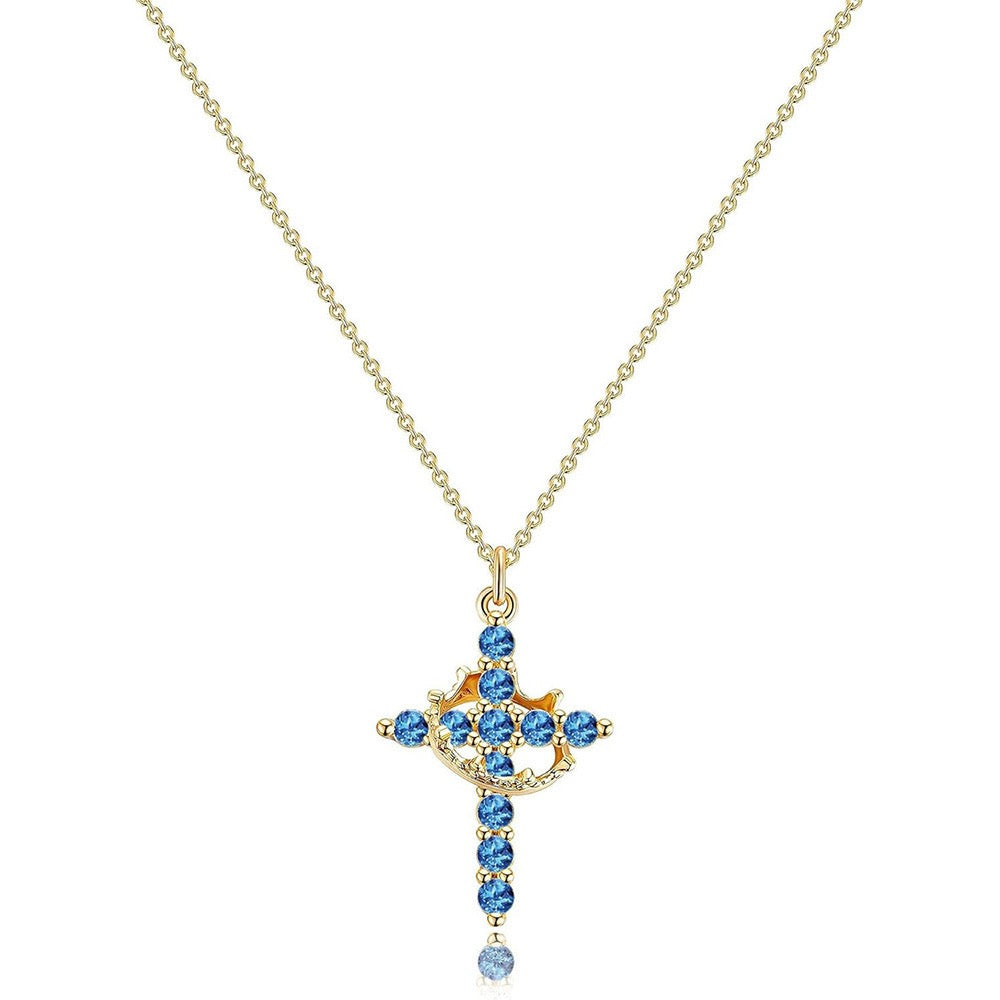 Women's Pendant Necklace Featuring Cross and Crown Design with Stone Accents