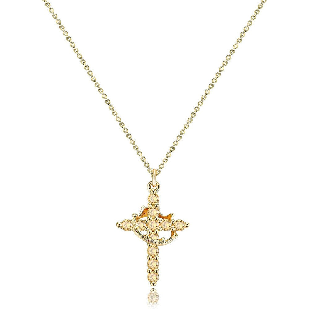 Women's Pendant Necklace Featuring Cross and Crown Design with Stone Accents
