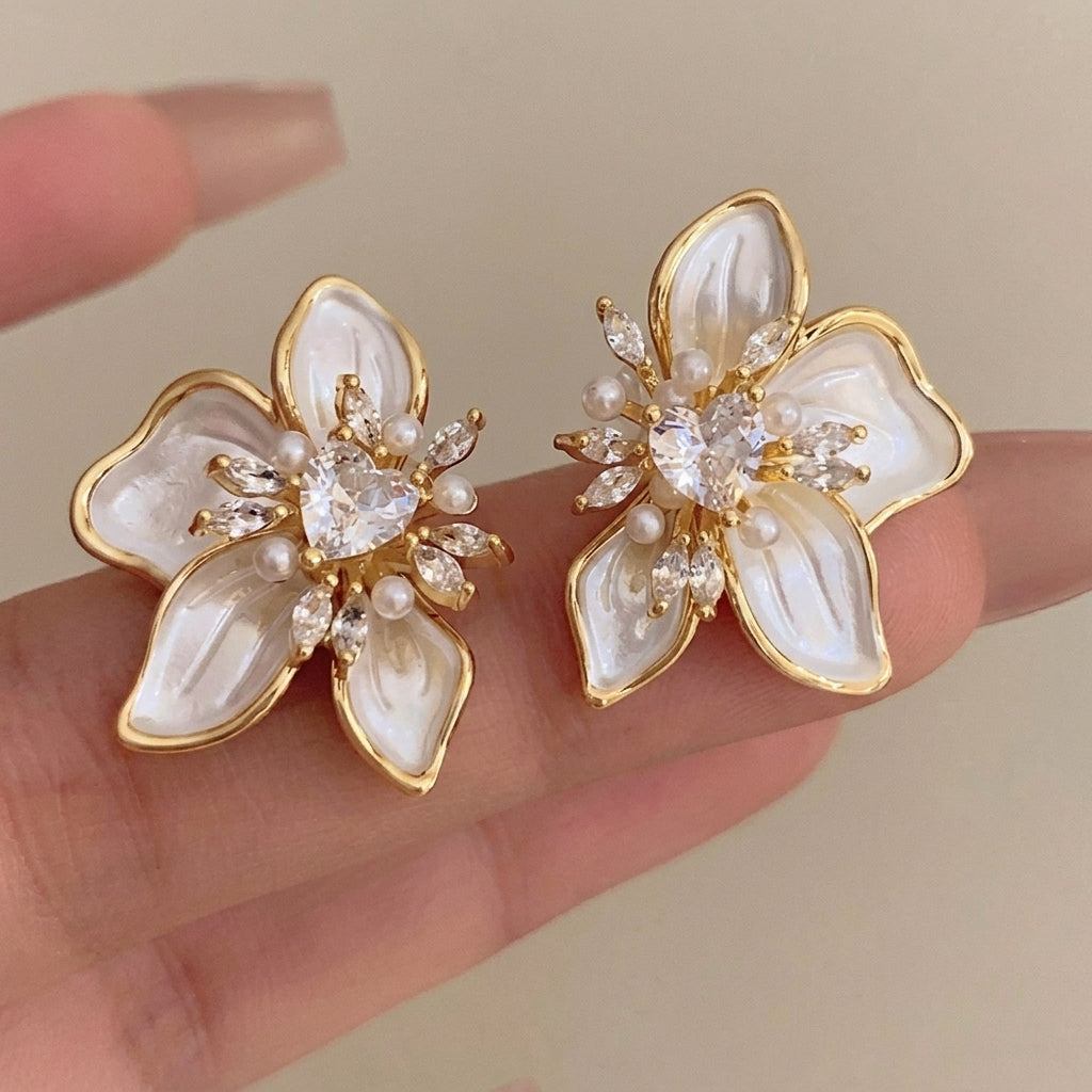 Women's Ear Studs in Floral Design with Heart Detail and Pearl-like Petals