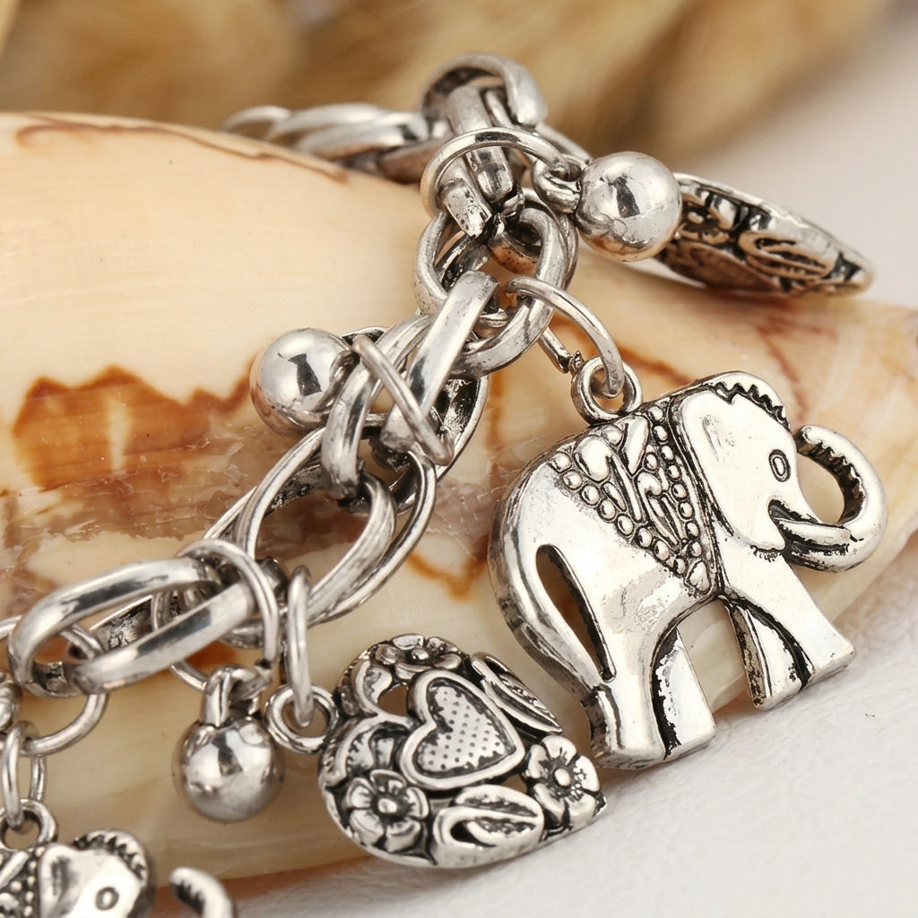 Women's Vintage Anklet Featuring Elephants and Heart Charms