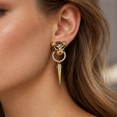 Women’s Dangle Earrings Featuring Leopard Head, Circular Pendant and Pointed Detail