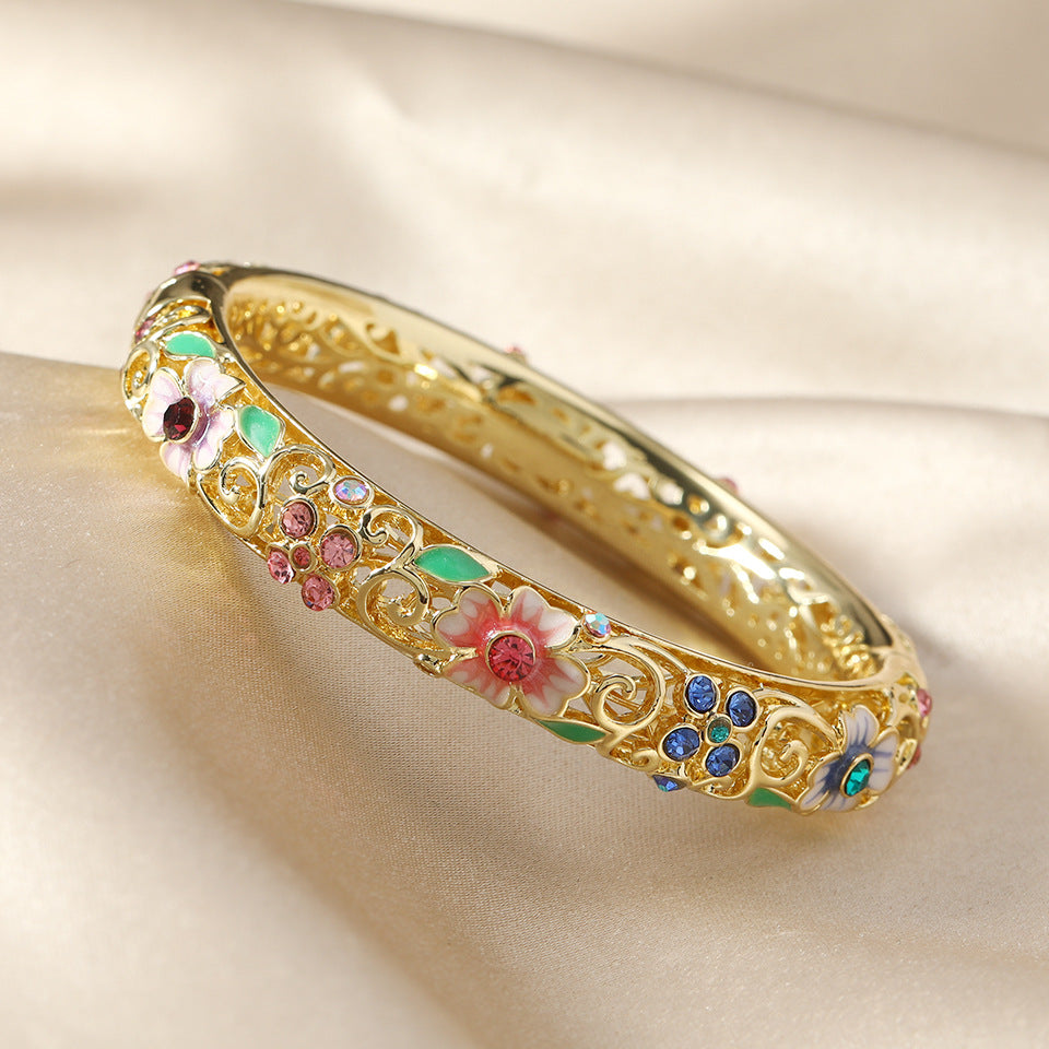 Open Flower Bracelet for Women with Enamel Details and Stone Accents