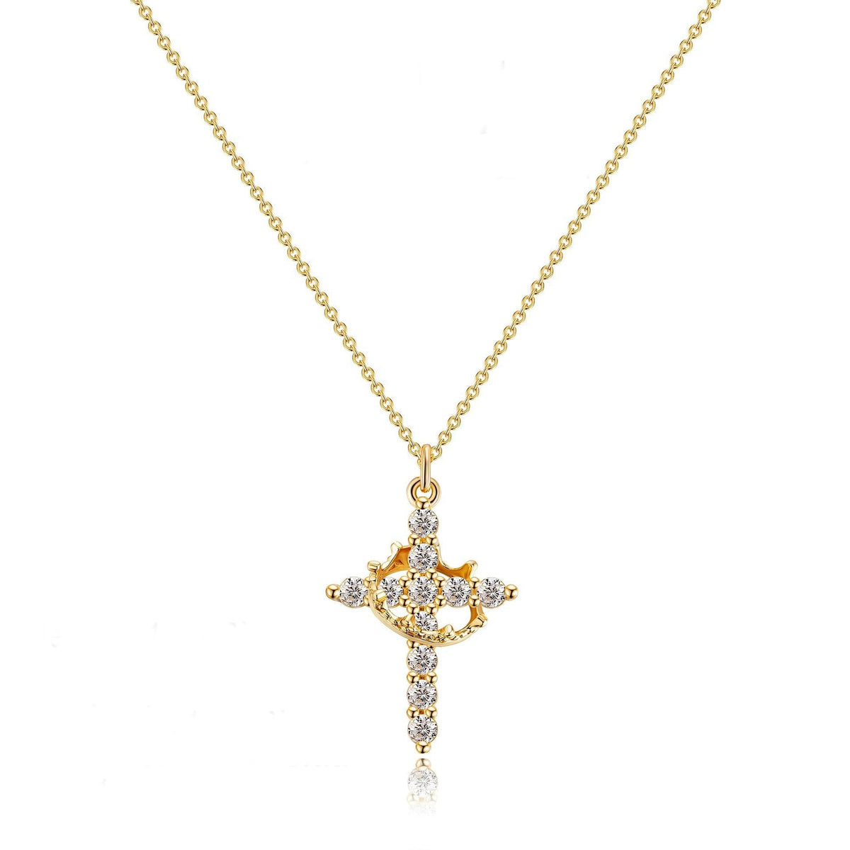 Women's Pendant Necklace Featuring Cross and Crown Design with Stone Accents