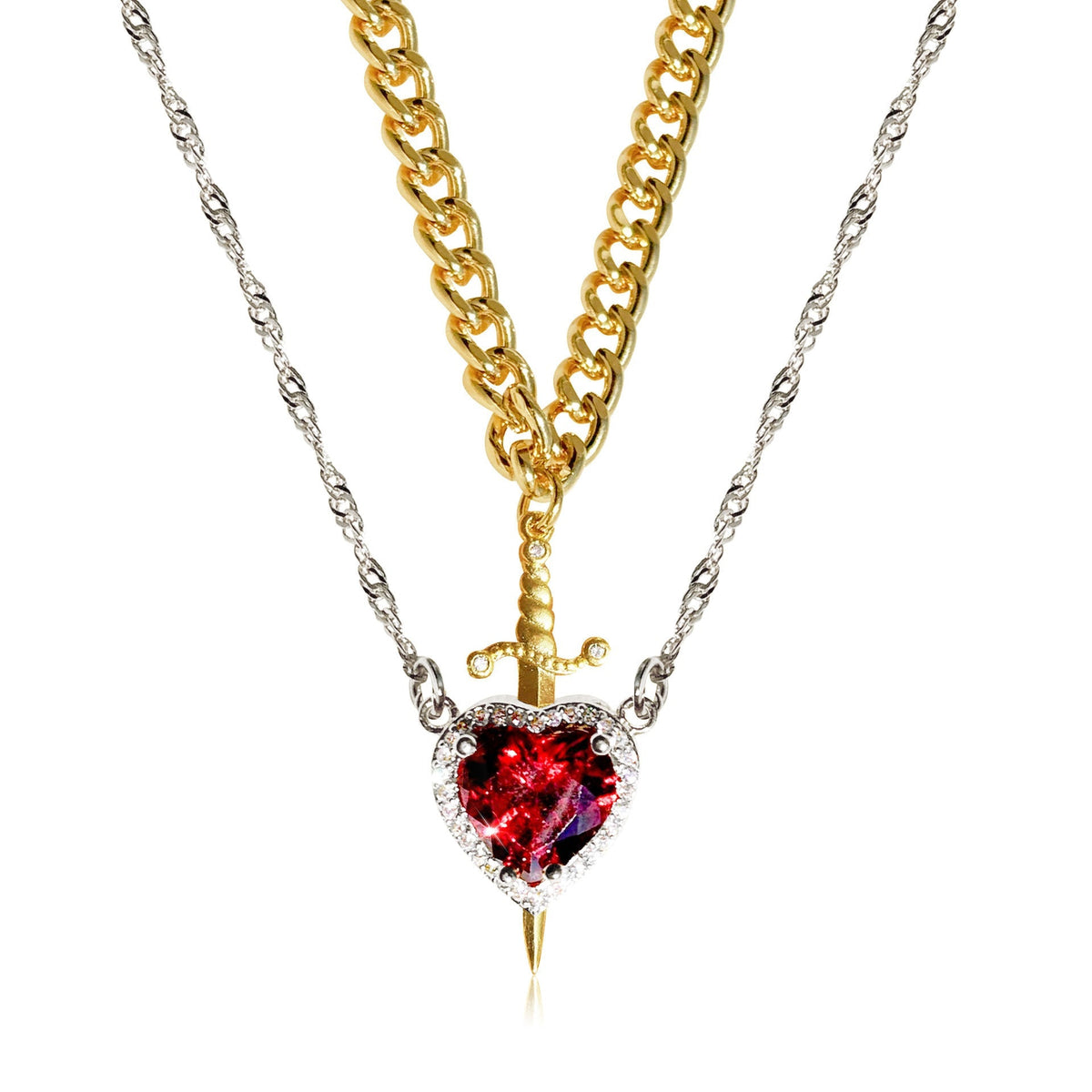 Women's 2-piece Partner Necklace Set featuring Heart and Sword Pendant