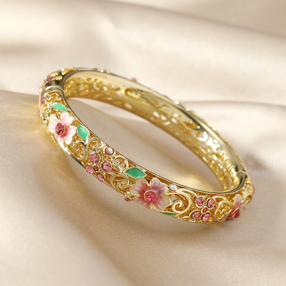 Open Flower Bracelet for Women with Enamel Details and Stone Accents