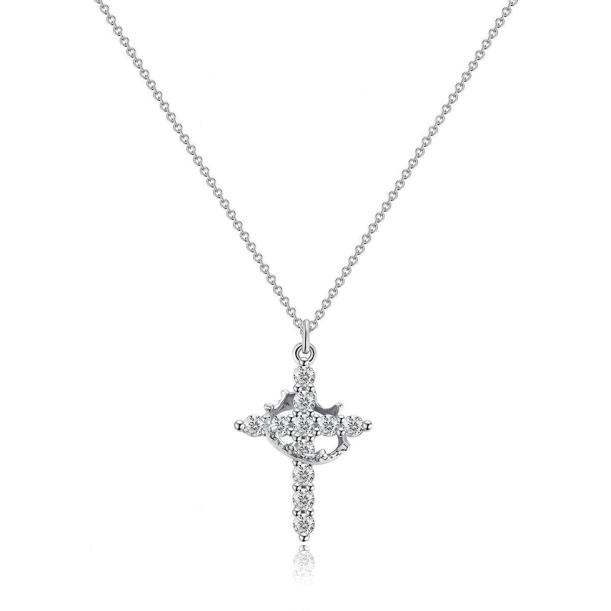 Women's Pendant Necklace Featuring Cross and Crown Design with Stone Accents