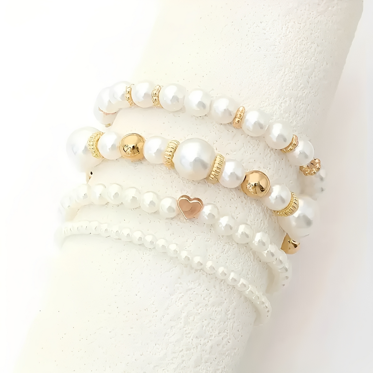 Women's 4-Piece Stackable Bracelet Collection with Pearl Accents and Heart Charm