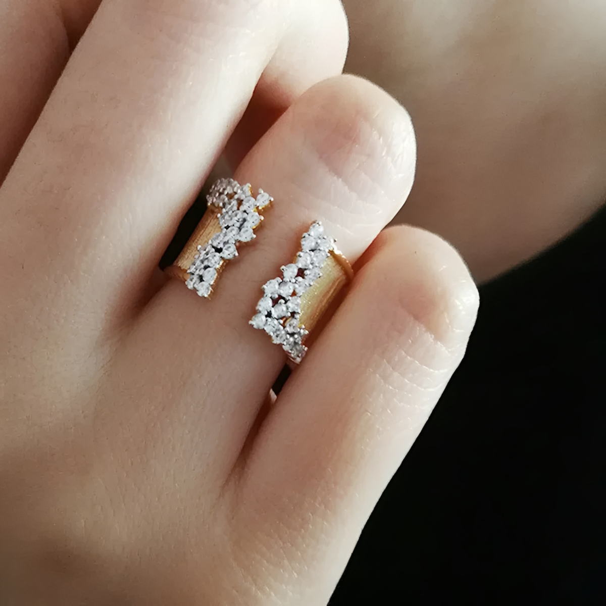 Women's Adjustable Open Statement Ring with Structured Band and Stone Accents