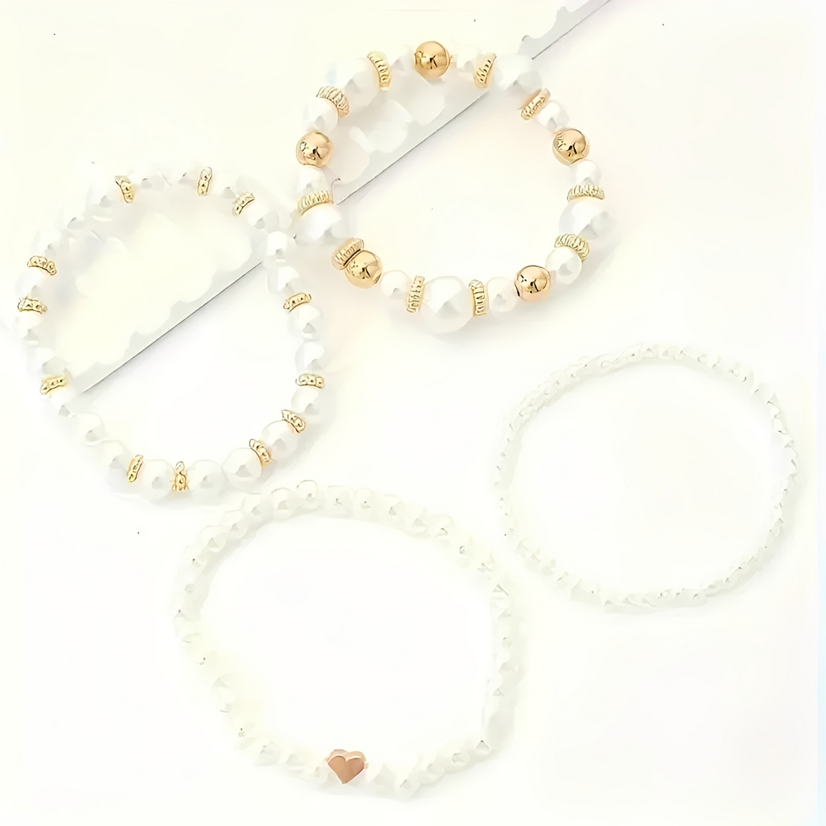 Women's 4-Piece Stackable Bracelet Collection with Pearl Accents and Heart Charm