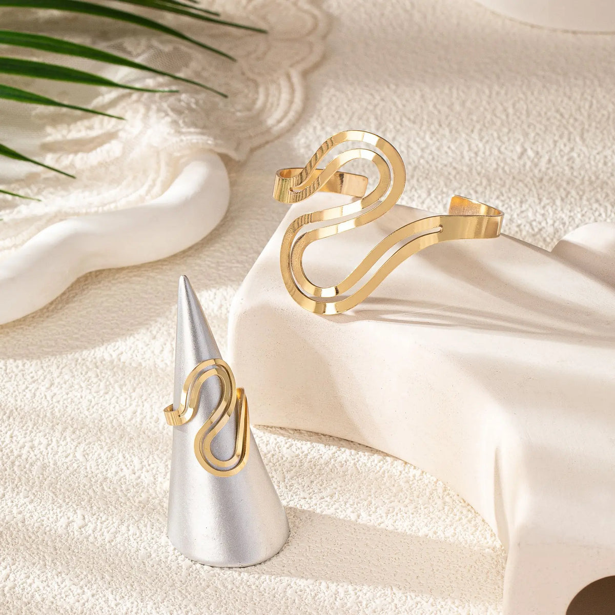 Women's Adjustable Bracelet and Ring Set with Modern Swirl Design