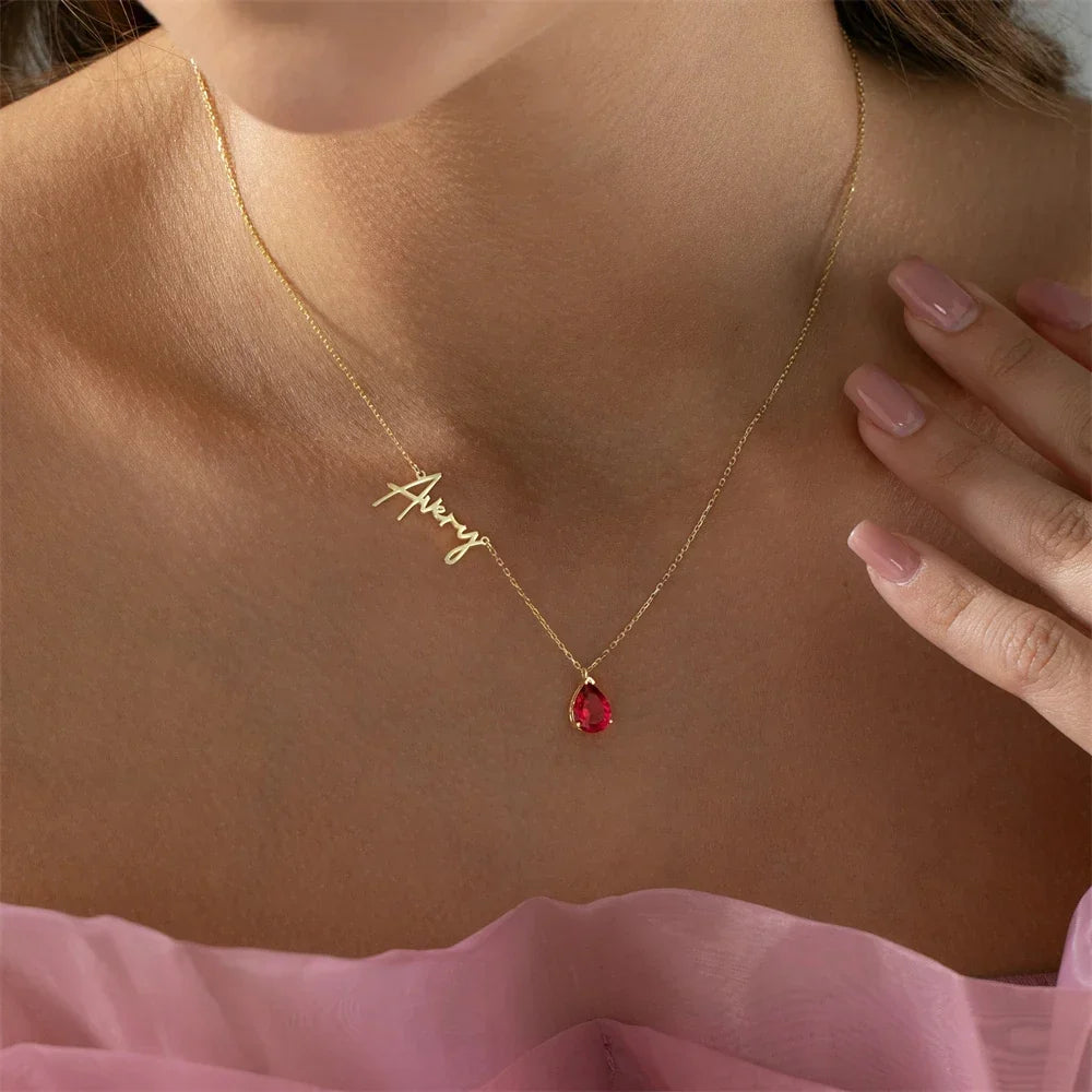 Women’s Custom Name Necklace with Teardrop Stone