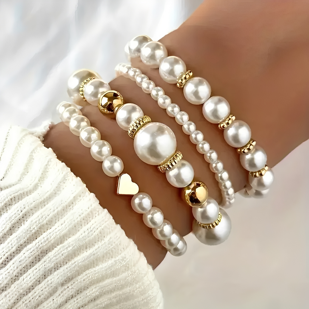 Women's 4-Piece Stackable Bracelet Collection with Pearl Accents and Heart Charm