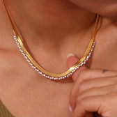Women's Fishbone Necklace Featuring Wide Chain Design and Stone Accents