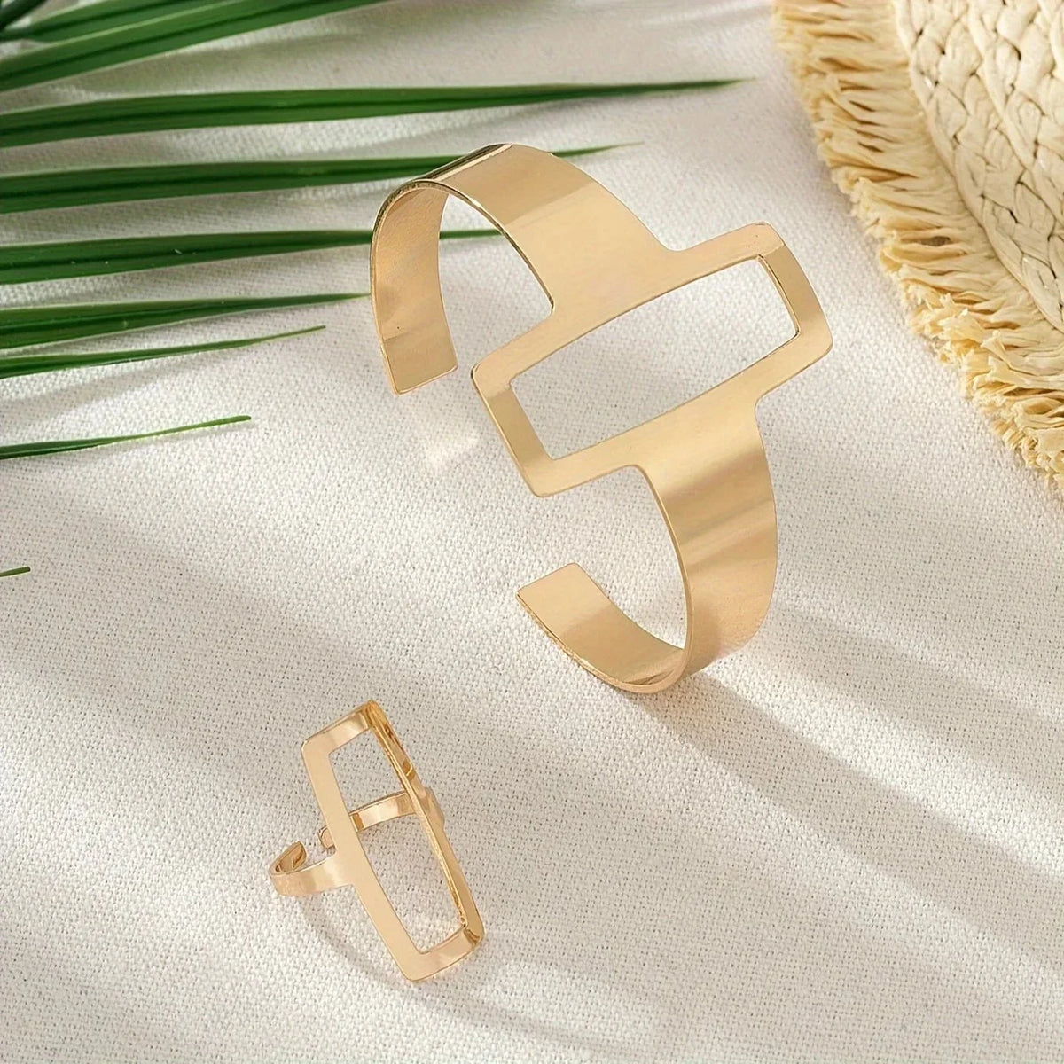 Women's Adjustable Bracelet and Ring Set Featuring Geometric Rectangle Design
