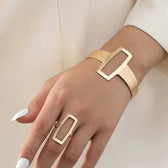 Women's Adjustable Bracelet and Ring Set Featuring Geometric Rectangle Design
