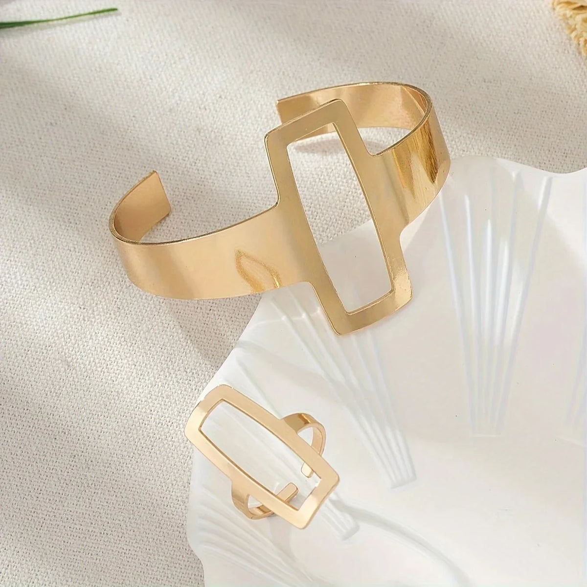Women's Adjustable Bracelet and Ring Set Featuring Geometric Rectangle Design