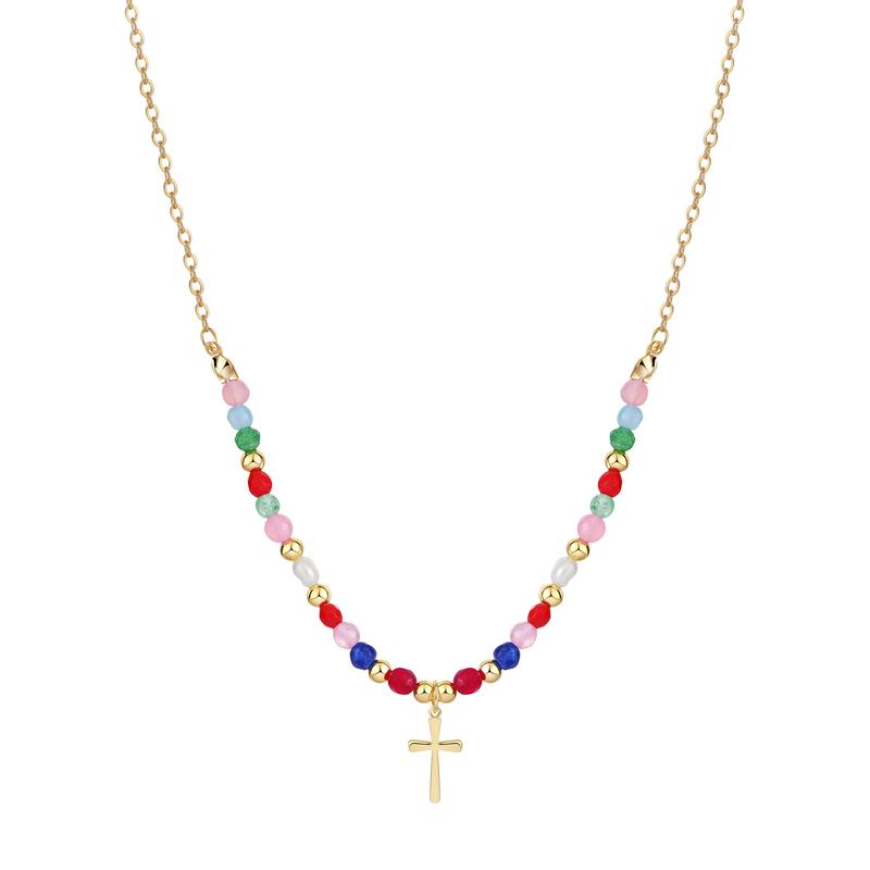 Women's Cross Pendant Necklace with Pearl Strand and Decorative Stone Accents