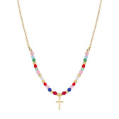 Women's Cross Pendant Necklace with Pearl Strand and Decorative Stone Accents