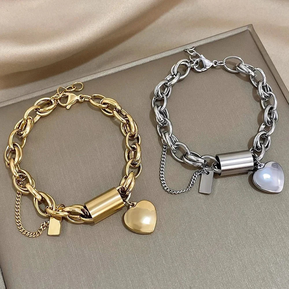 Women's Statement Chain Bracelet Featuring Heart Charms and Multi-Layered Chain Details