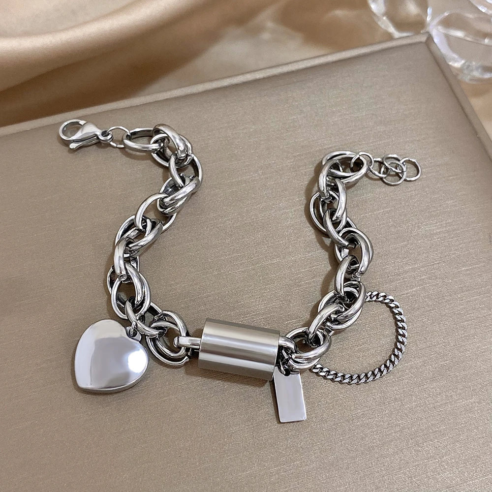 Women's Statement Chain Bracelet Featuring Heart Charms and Multi-Layered Chain Details
