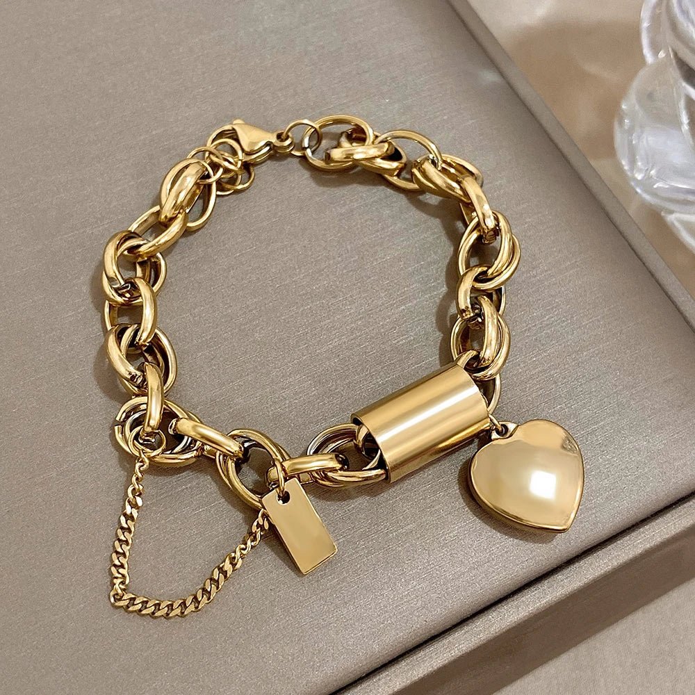Women's Statement Chain Bracelet Featuring Heart Charms and Multi-Layered Chain Details