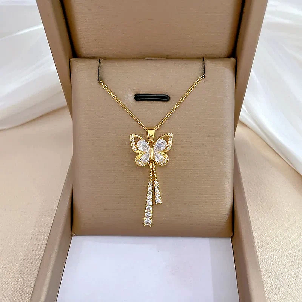Women's Butterfly Necklace with Hanging Stone Features