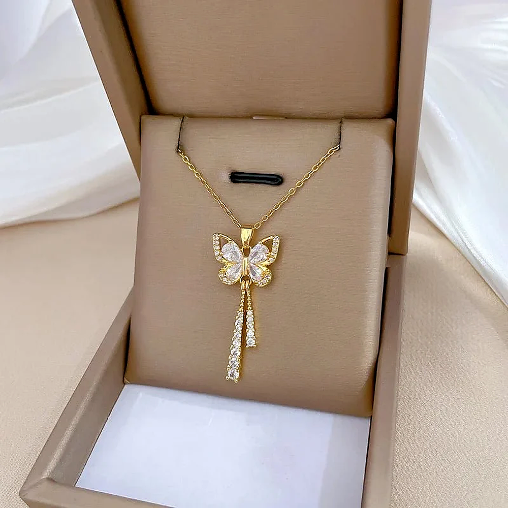 Women's Butterfly Necklace with Hanging Stone Features