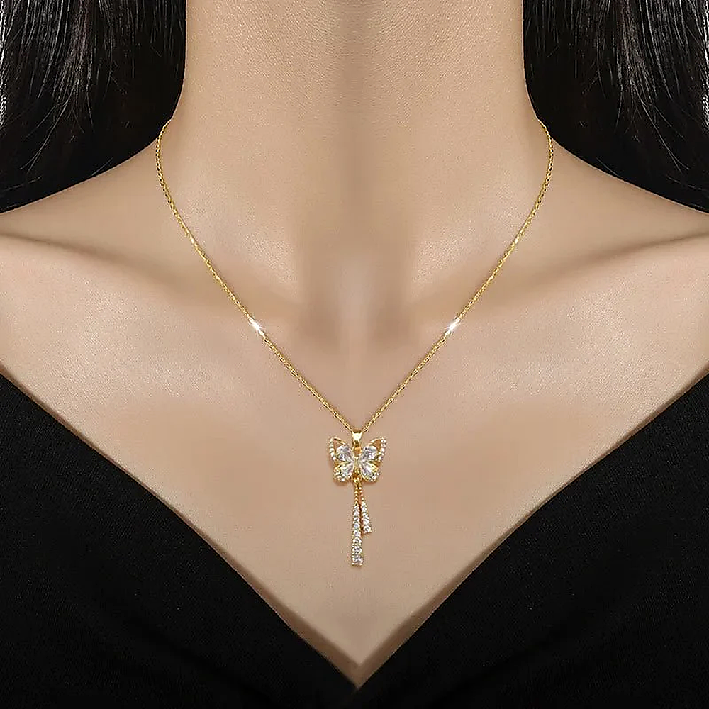 Women's Butterfly Necklace with Hanging Stone Features