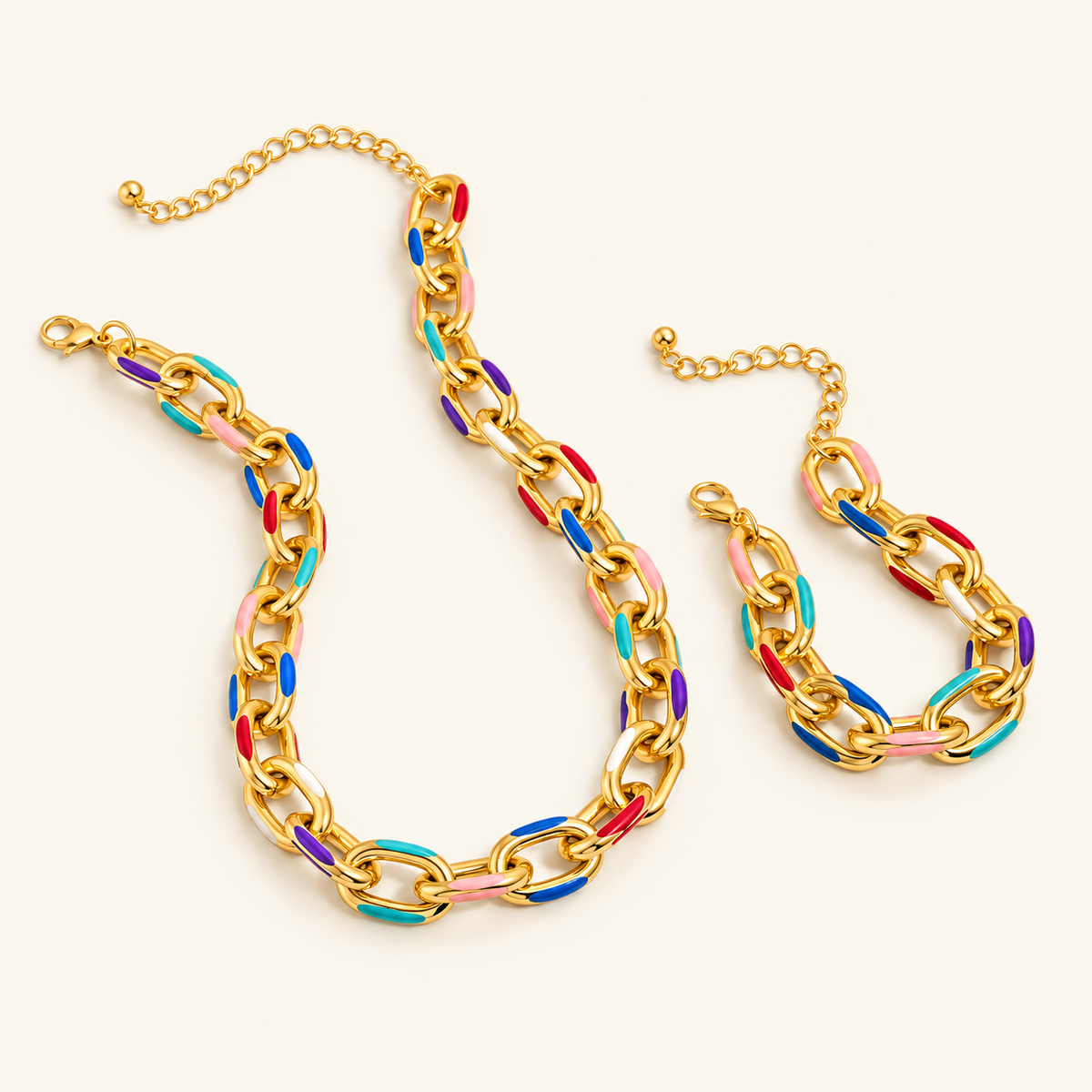Women's 2-piece Chain Bracelet and Necklace Set with Colorful Accents
